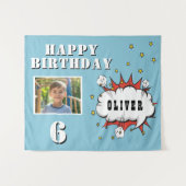 Superhero Comic Speech Cloud Boy Verjaardag Foto Wandkleed (Voorkant (horizontaal))