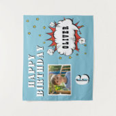 Superhero Comic Speech Cloud Boy Verjaardag Foto Wandkleed (Voorkant)