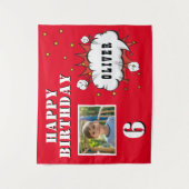 Superhero Comic Speech Cloud Boy Verjaardag Foto Wandkleed (Voorkant)