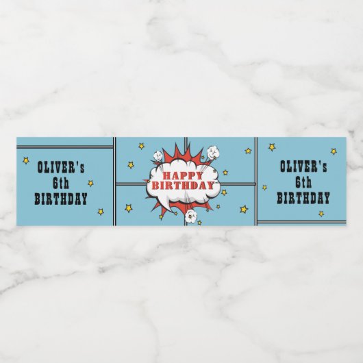 Superhero Comic Speech Cloud Boy Verjaardag Waterfles Etiket (Enkel label)