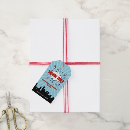 Superhero Comic Verjaardagsfeestje Bedankt Cadeau Cadeaulabel (Met Touw)