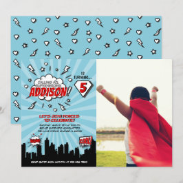 Superhero Comic verjaardagsfeestje foto uitnodigin Kaart