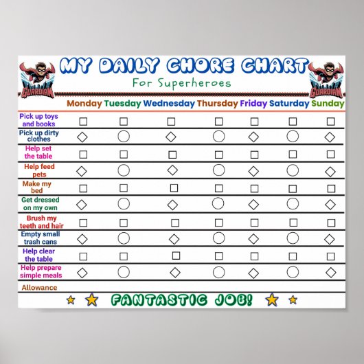 Superhero Daily Chore Chart voor kinderen Poster (Voorkant)