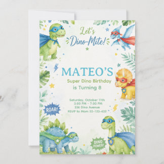 Superhero Dinosaur Watercolor Birthday Party Paste Kaart