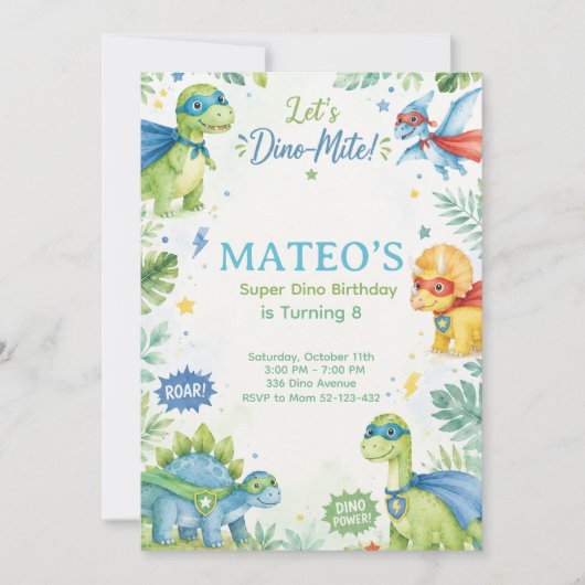 Superhero Dinosaur Watercolor Birthday Party Paste Kaart (Voorkant)