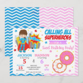 Superhero & Donut Joint Birthday Invitation Kaart (Voorkant / Achterkant)