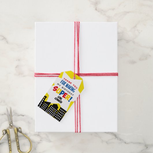 Superhero Favor Tags, geel Cadeaulabel (Met Touw)