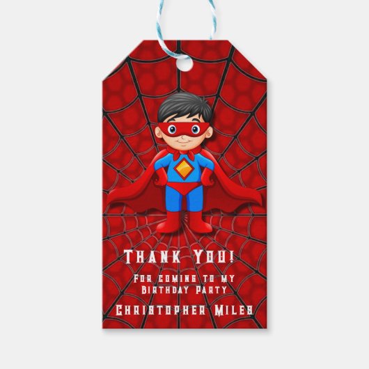 SuperHero Jongen Verjaardagsfeestje Dank u Cadeaulabel (Voorkant)
