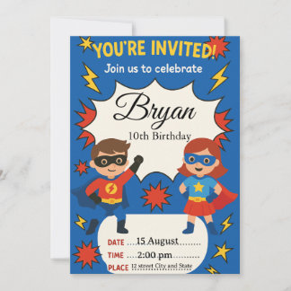 Superhero Kids Birthday Invitation | Comic Style B Kaart
