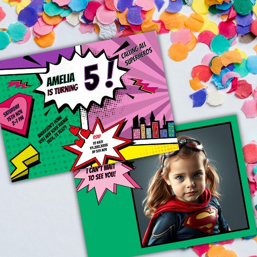 Superhero Party Comic Book Birthday Photo Girl Kaart