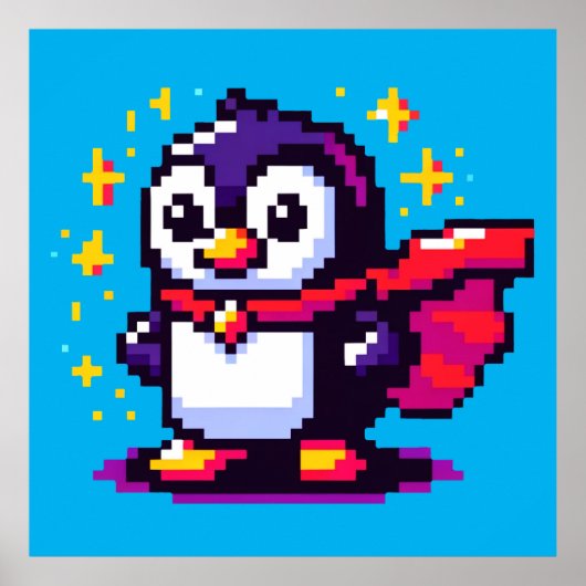 Superhero Penguin Schattige Pixel Art Karakterontw Poster (Voorkant)