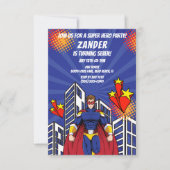 Superhero Skyline Jongen Verjaardagsfeestuitnodigi Kaart (Voorkant)