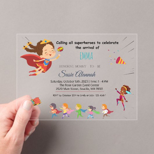 Superhero-thema Baby Girl Shower Acryl Uitnodigingen (Insitu (Draagbaar))