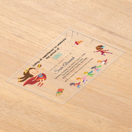 Superhero-thema Baby Girl Shower Acryl Uitnodigingen (Laagn)