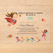 Superhero-thema Baby Girl Shower Acryl Uitnodigingen (Voorkant)