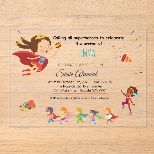 Superhero-thema Baby Girl Shower Acryl Uitnodigingen (Voorkant)