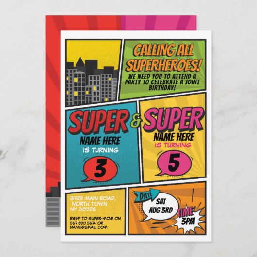 Superhero Uitnodiging Gedeelde Gezamenlijke Partij (Voorkant / Achterkant)