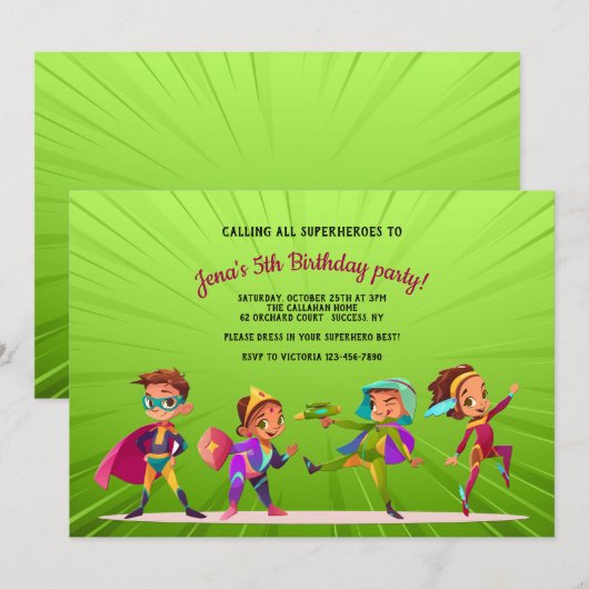 Superheroes Birthday Party Kaart (Voorkant / Achterkant)