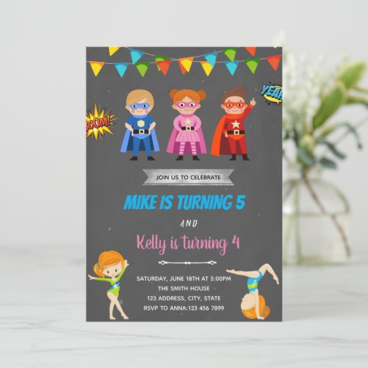 Superheroes gymnastische uitnodiging (Staand voorkant)