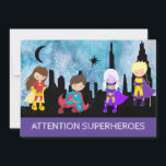 *~* SUPERHEROS Kids Birthday Party Kaart<br><div class="desc">*** SUPERHEROES Whimsical Cute BIRTHDAY ARTIJ INVITATION. De kleine kunnen zich verkleden als hun favoriete SUPERHERO. Er zijn vier Superheros tegen een SKYLINE CITYSCAPE. De hemel in Waterverf Textured Blues. Dit is een genderneutrale uitnodiging voor verjaardagsfeestjes. => Als u een RED-waarschuwing ziet, vraagt u zich alleen af of u aan...</div>