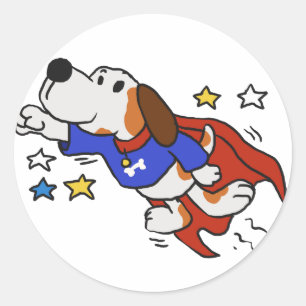 Superhondencartoon achtergrondkleur kiezen ronde sticker