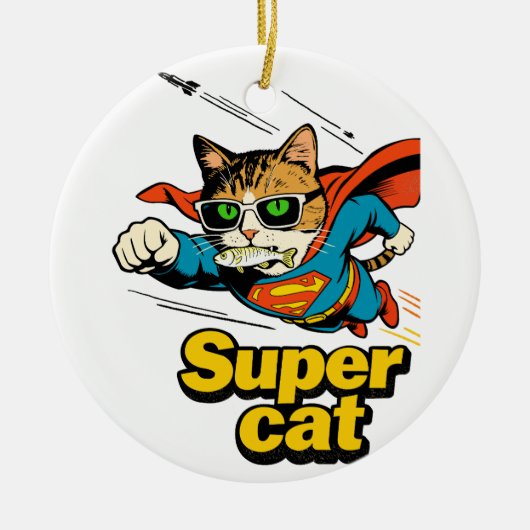 Superkat Vliegt met Vis Keramisch Ornament (Voorkant)