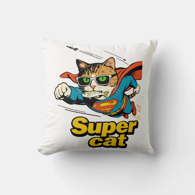 Superkat Vliegt met Vis  Kussen (Voorkant)