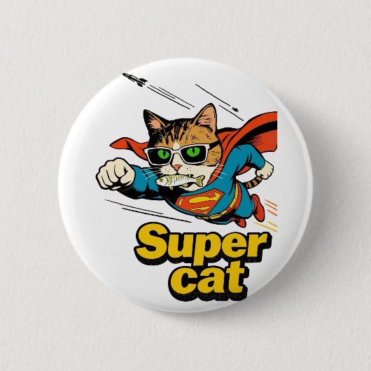 Superkat Vliegt met Vis Ronde Button 5,7 Cm (Voorkant)