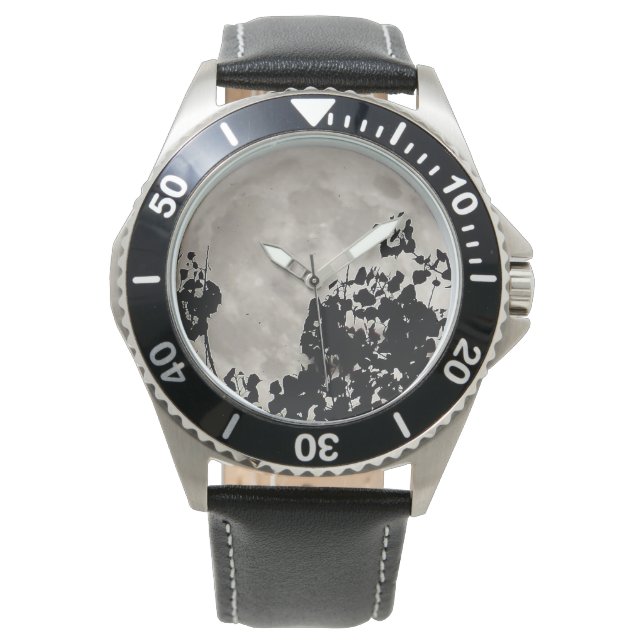 Supermaan achter zwarte bladeren horloge (Voorkant)