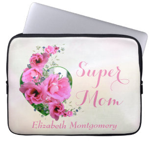 Supermam Natural Pink Floral Heart Aangepaste naam Laptop Sleeve