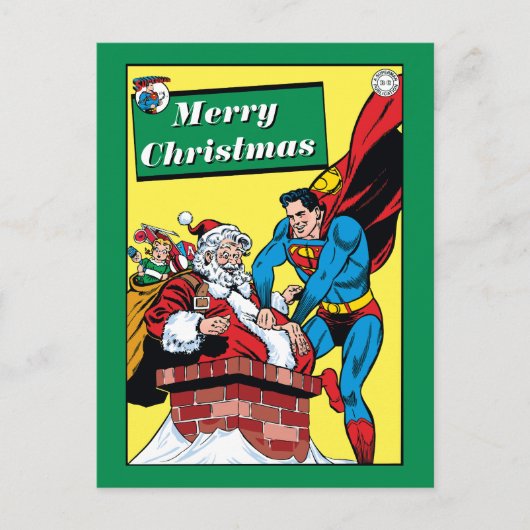 Superman die de kerstman in de schoorsteen helpt feestdagenkaart (Voorkant)