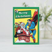 Superman die de kerstman in de schoorsteen helpt kaart (Staand voorkant)