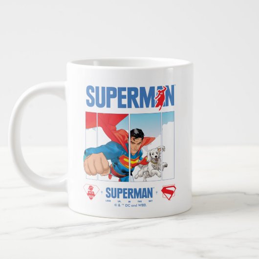 Superman en Krypto nemen vlucht Grote Koffiekop (Links)