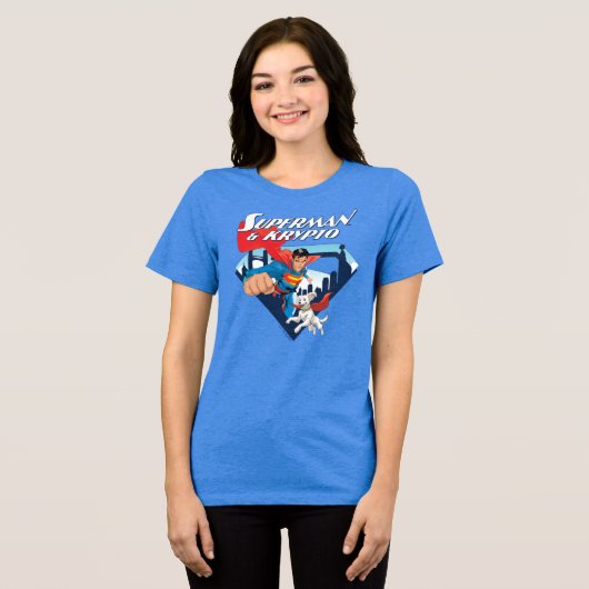 Superman en Krypto stijgen Tri-Blend Shirt (Voorkant volledig)