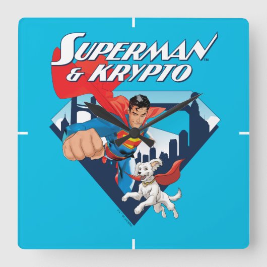 Superman en Krypto stijgen Vierkante Klok (Voorkant)
