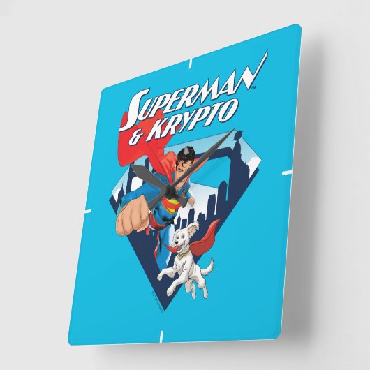 Superman en Krypto stijgen Vierkante Klok (Hoek)