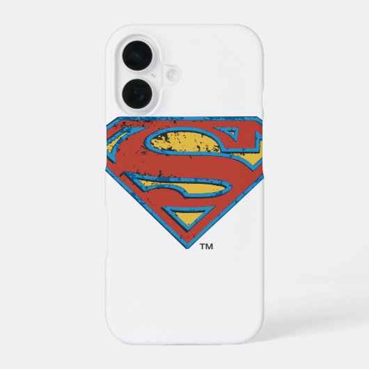 Superman S-Schild | Blauwe Omlijning Grunge Logo iPhone 16 Hoesje (Achterkant)