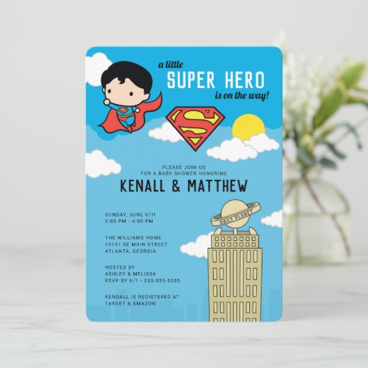 Superman Super Hero Baby shower Uitnodiging (Staand voorkant)