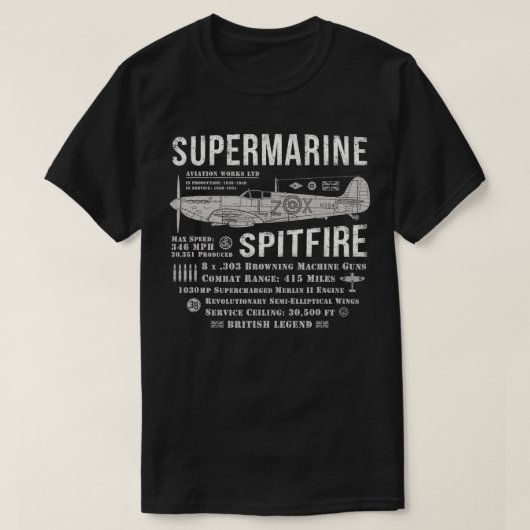 Supermarine Spitfire Brits RAF gevechtsvliegtuig W T-shirt (Design voorkant)