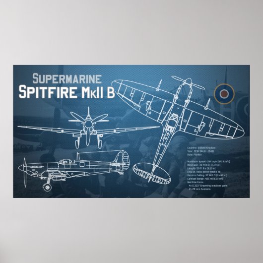 Supermarine Spitfire MK II Blauwdruk Poster (Voorkant)