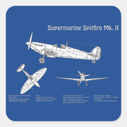 Supermarine Spitfire - Vliegtuigblauwdruk ABD Vierkante Sticker (Voorkant)