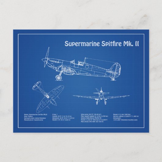 Supermarine Spitfire - Vliegtuigblauwdruk AD Briefkaart (Voorkant)