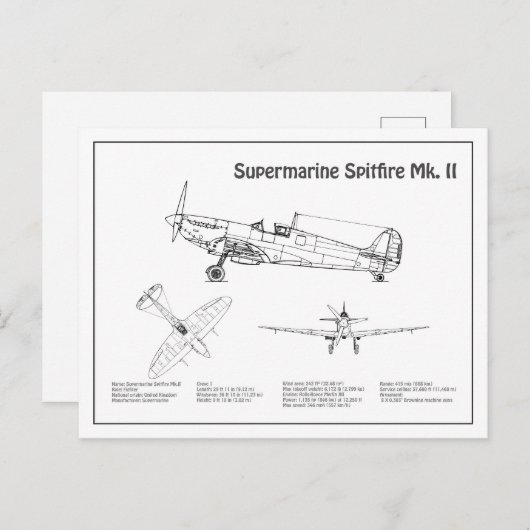Supermarine Spitfire - Vliegtuigblauwdruk BD Briefkaart (Voorkant / Achterkant)