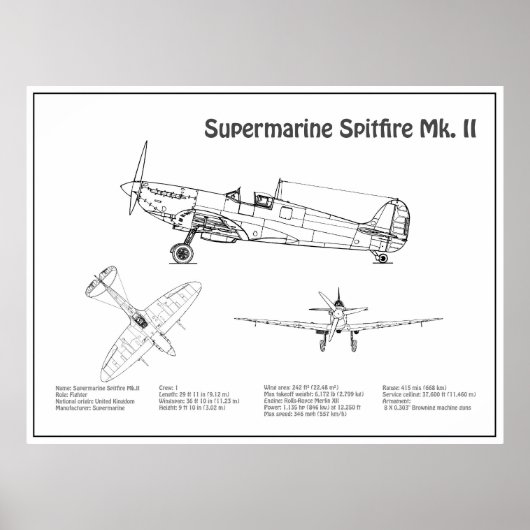 Supermarine Spitfire - Vliegtuigblauwdruk BD Poster (Voorkant)