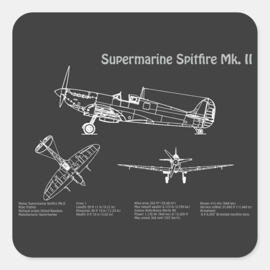 Supermarine Spitfire - Vliegtuigblauwdruk PD Vierkante Sticker (Voorkant)