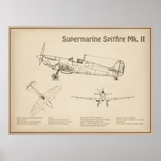 Supermarine Spitfire - Vliegtuigblauwdruk SD Poster (Voorkant)