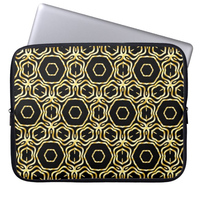 Supermooie naadloze zwarte en gouden bloem laptop sleeve (Voorkant)