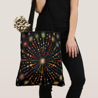 Supernova - Rainbow Stars Galaxy Black Retro Boho Tote Bag