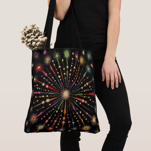 Supernova - Rainbow Stars Galaxy Black Retro Boho Tote Bag (Dichtbij)