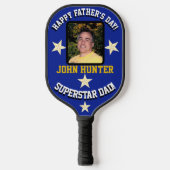 "Superstar Dad" Vaderdag Blauw/Goud Pickleball Paddle (Voorkant)